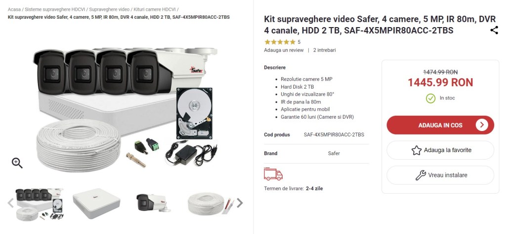 Kit supraveghere video Safer, 4 camere, 5 MP, IR 80m, DVR 4 canale, HDD 2 TB, SAF-4X5MPIR80ACC-2TBS, august&nbsp;2022