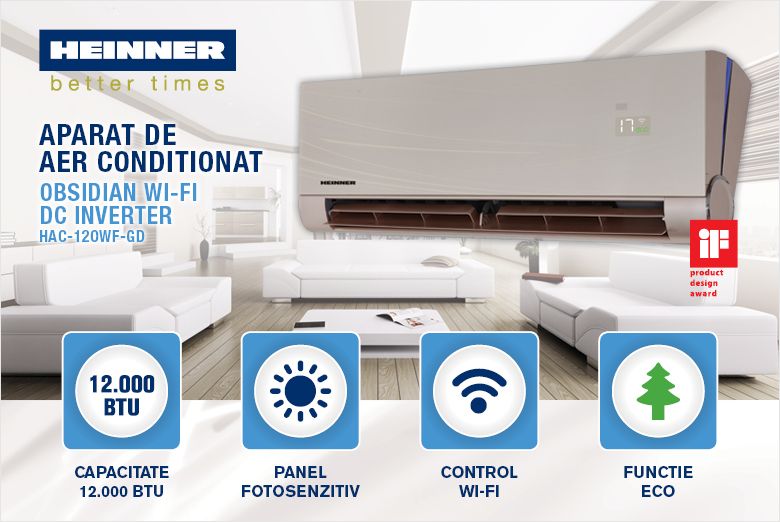 Aparat de aer conditionat Heinner Obsidian 12000 BTU Wi-Fi, Clasa A++, Functie incalzire, Design Vshape, Filtru High Density, Eco Mode, HAC-12OWF-GD, Auriu – reducere 20%&nbsp;!